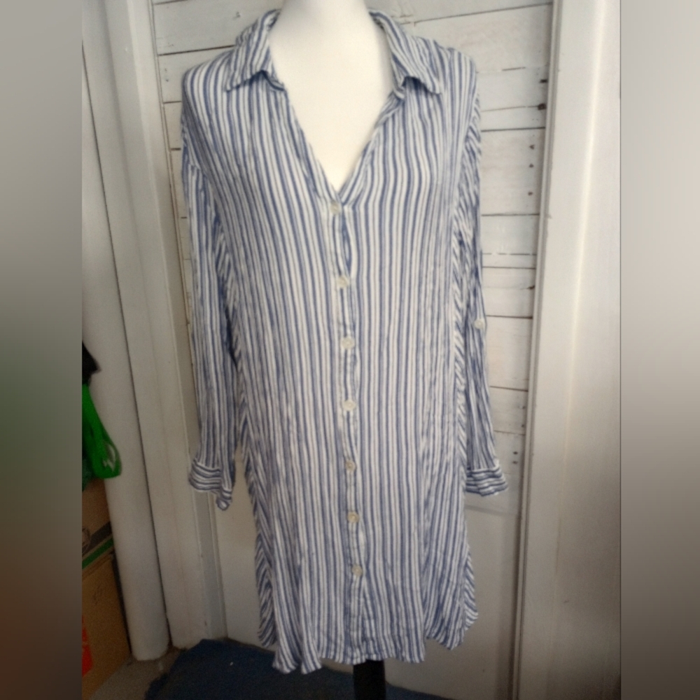 Club Z Collection Womens Top Tunic Size 1X Blue Stripe Collared Long Shirt Dress